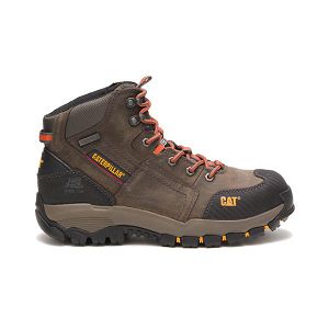 Grey / Brown Men's Caterpillar Navigator Mid Steel Waterproof Boots | US-853420JTD